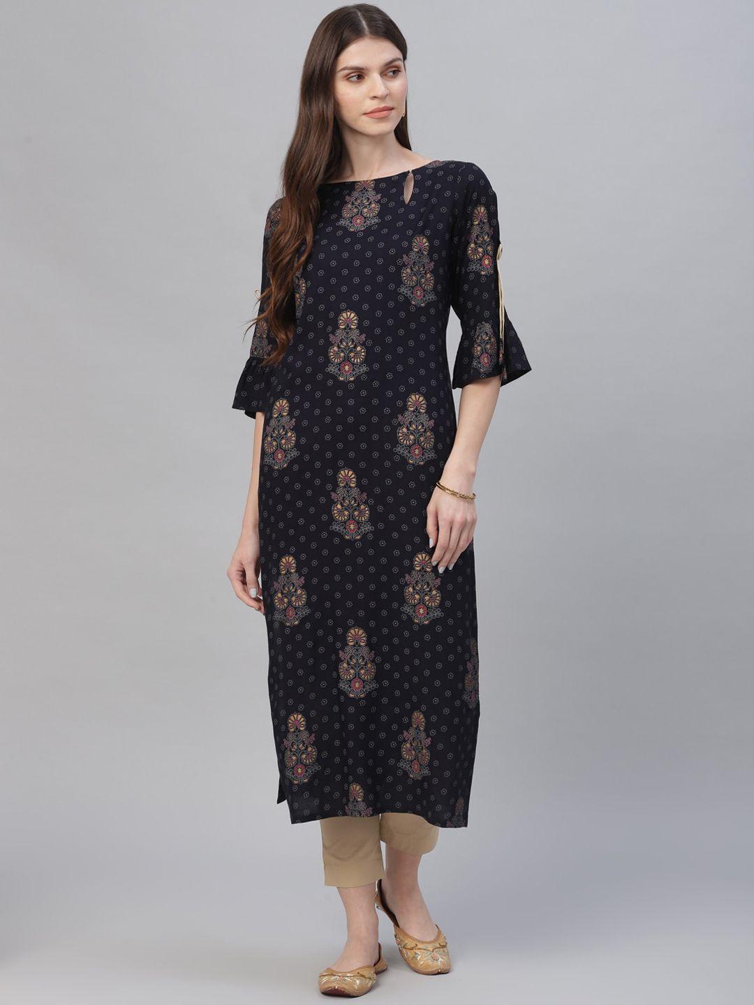 libas women navy blue & beige printed straight kurta