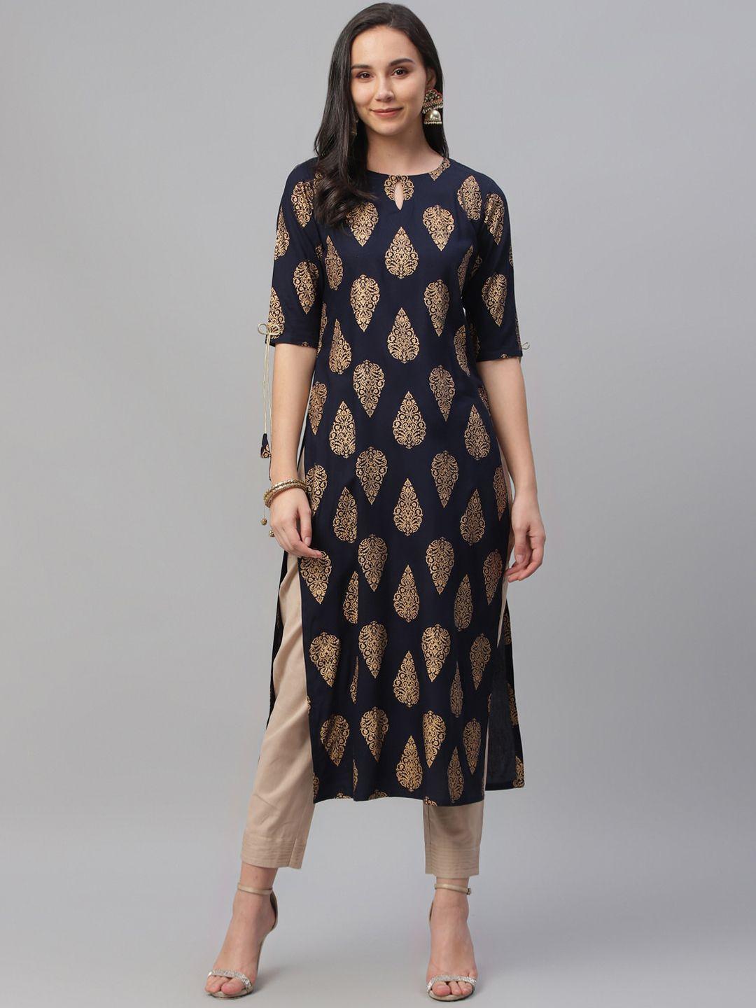 libas women navy blue & gold-toned printed straight kurta