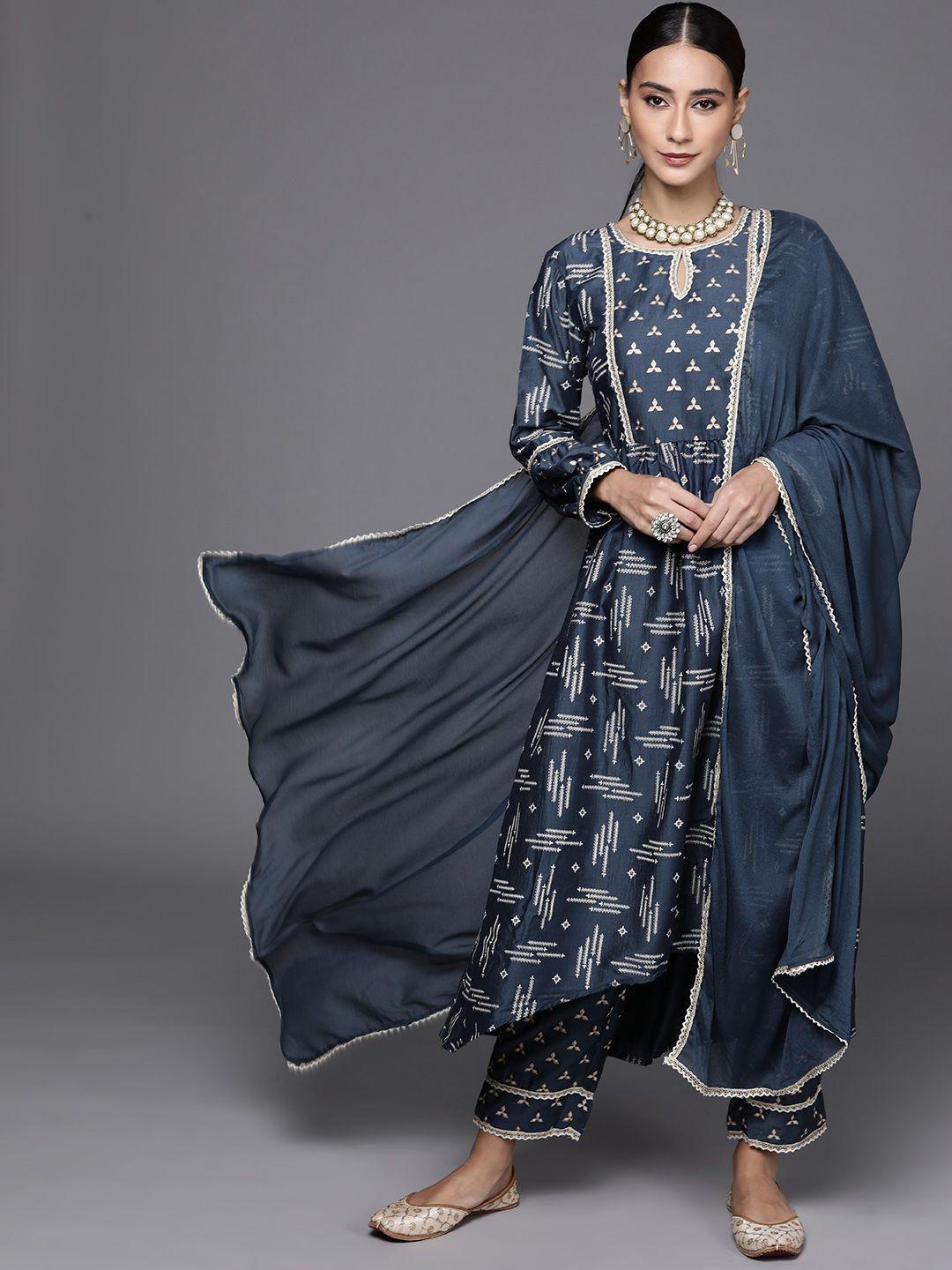 libas women navy blue & golden printed kurta with trousers & with dupatta