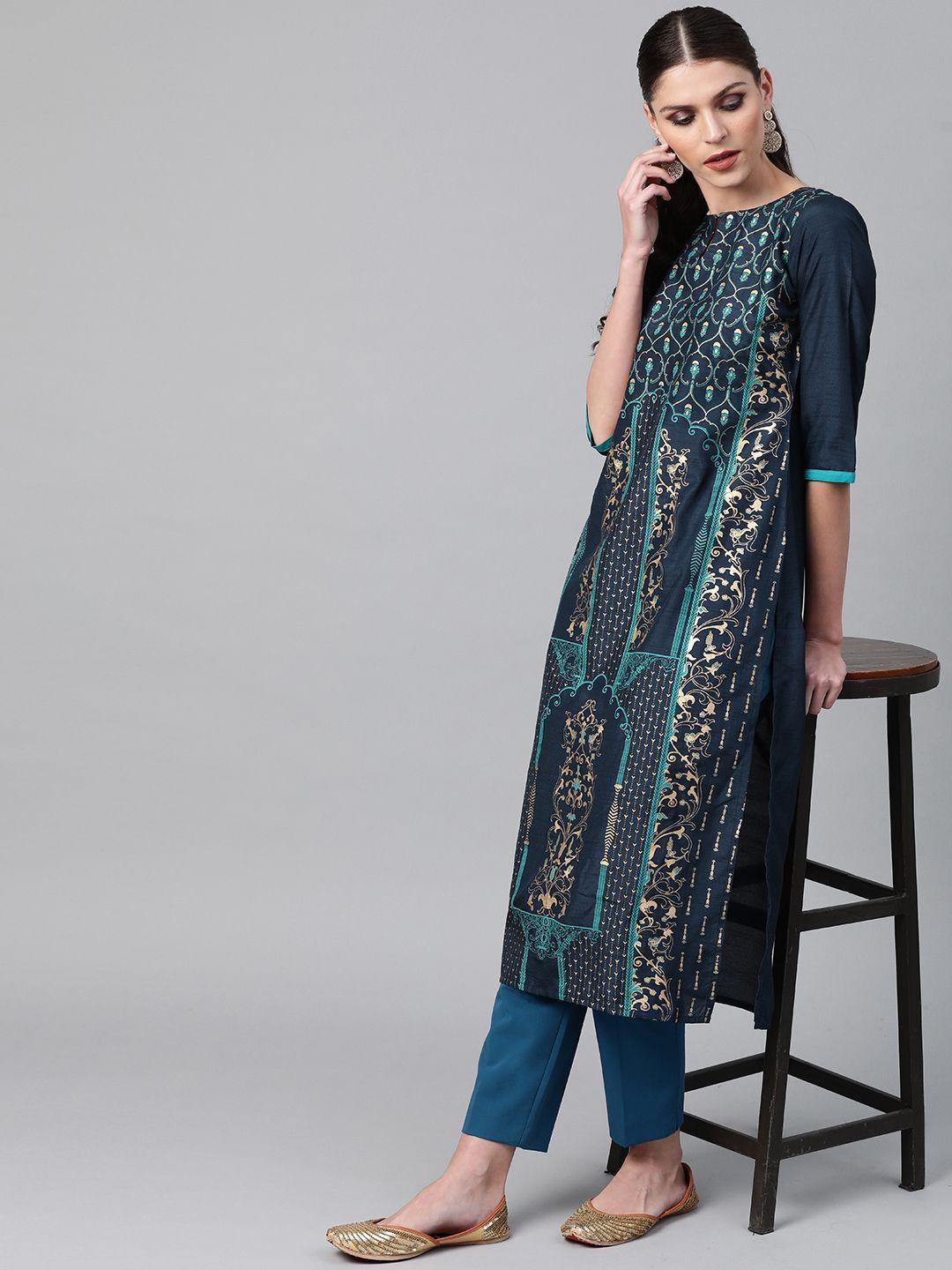 libas women navy blue & golden printed straight kurta