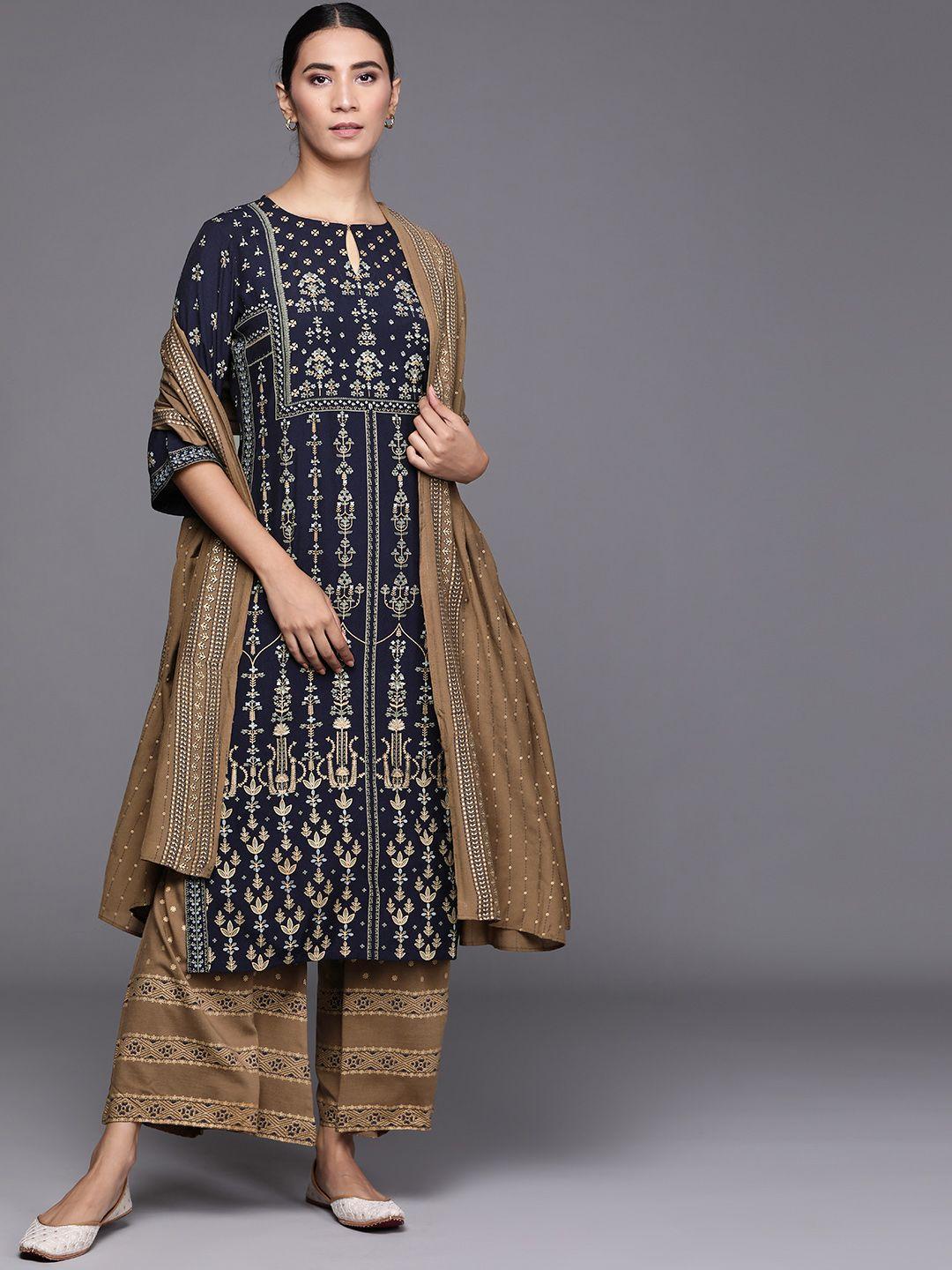 libas women navy blue & khaki ethnic motifs printed kurta with palazzos & dupatta