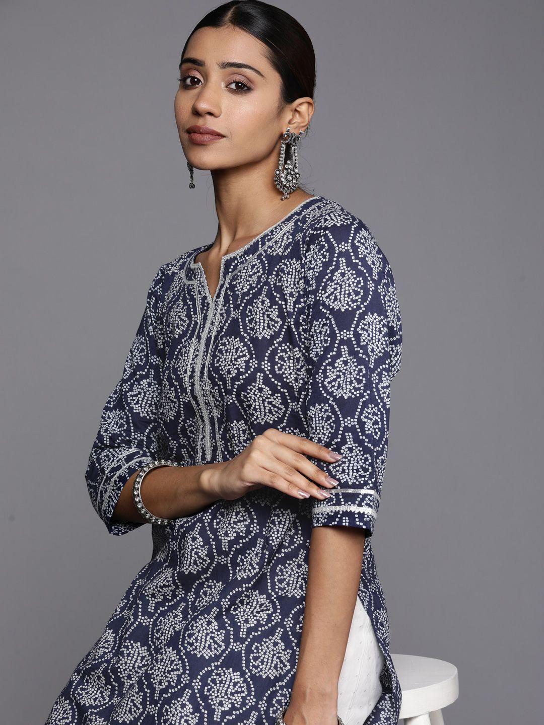 libas women navy blue & white bandhani printed cotton kurta