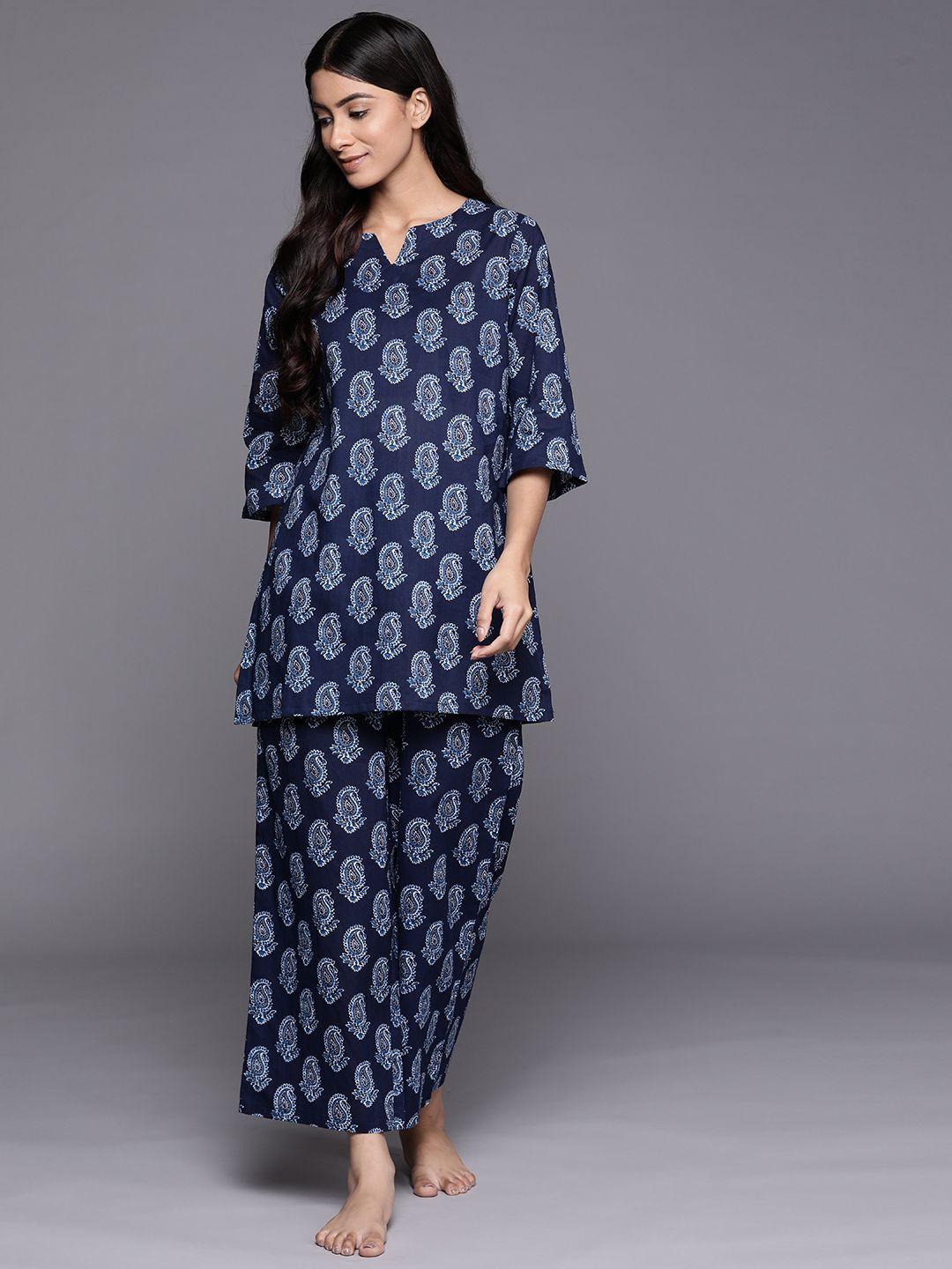 libas women navy blue & white cotton printed night suit