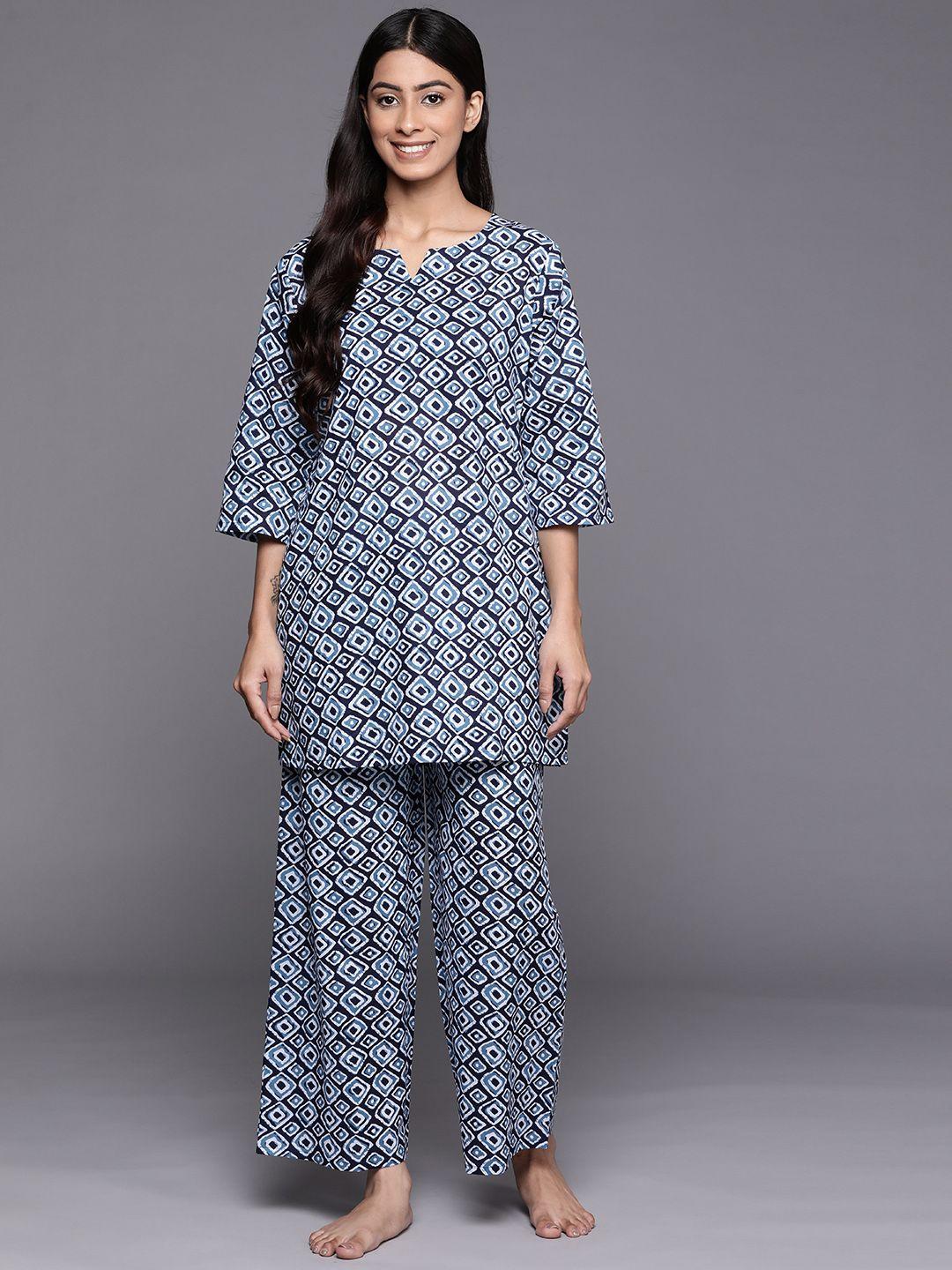 libas women navy blue & white geometric printed night suit
