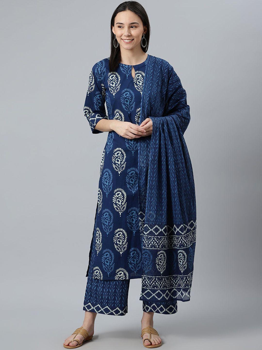 libas women navy blue ethnic motifs printed pure cotton kurta & palazzos with dupatta