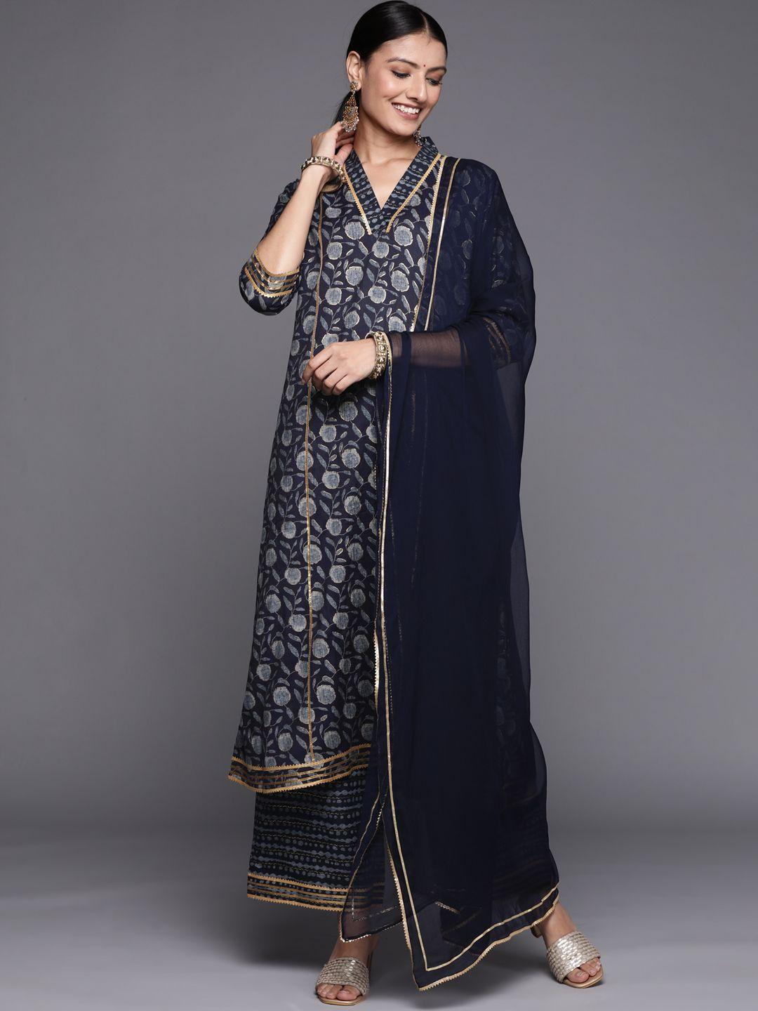 libas women navy blue floral motifs printed gotta patti kurta with palazzos & dupatta