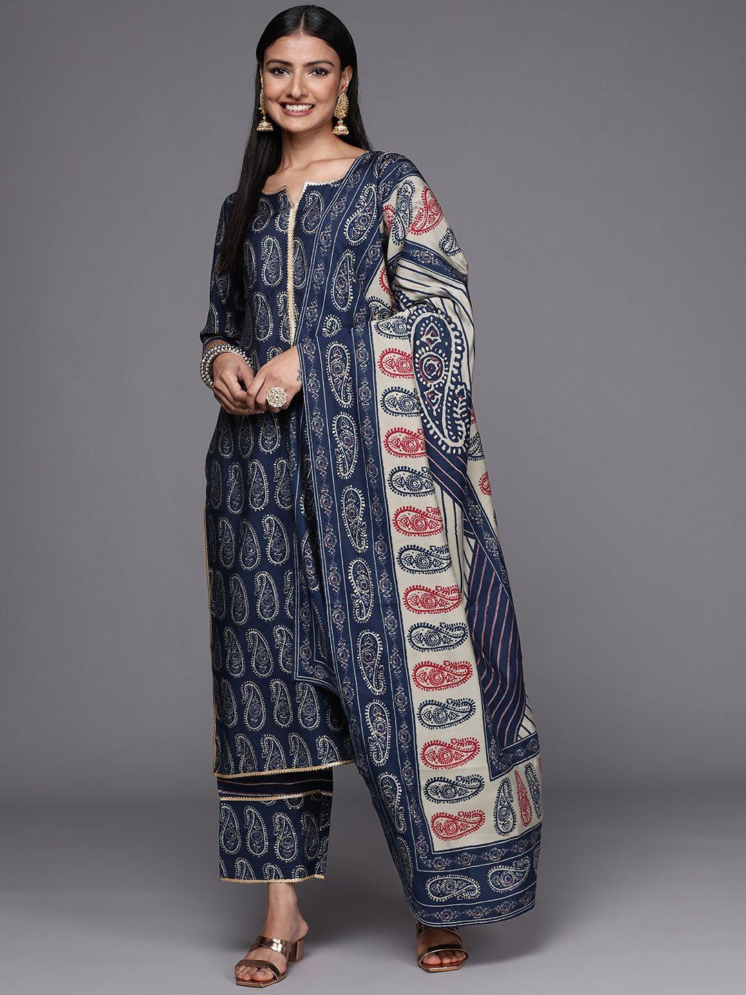 libas women navy blue paisley printed gotta patti kurta with trousers & with dupatta