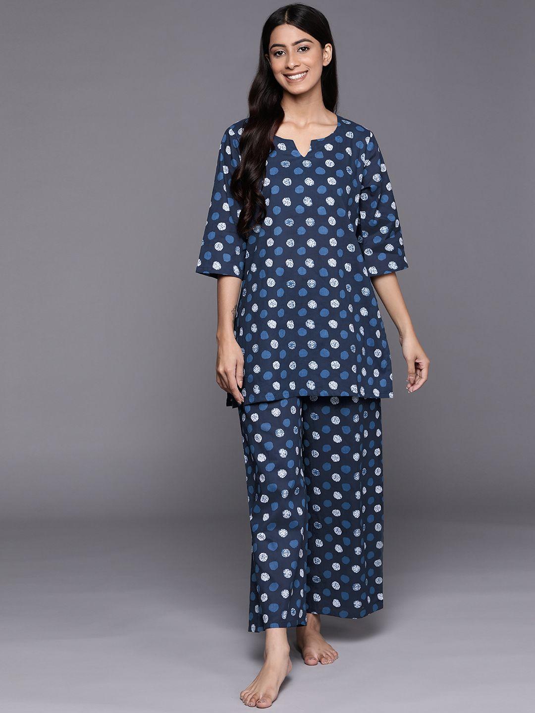 libas women navy blue printed cotton night suit