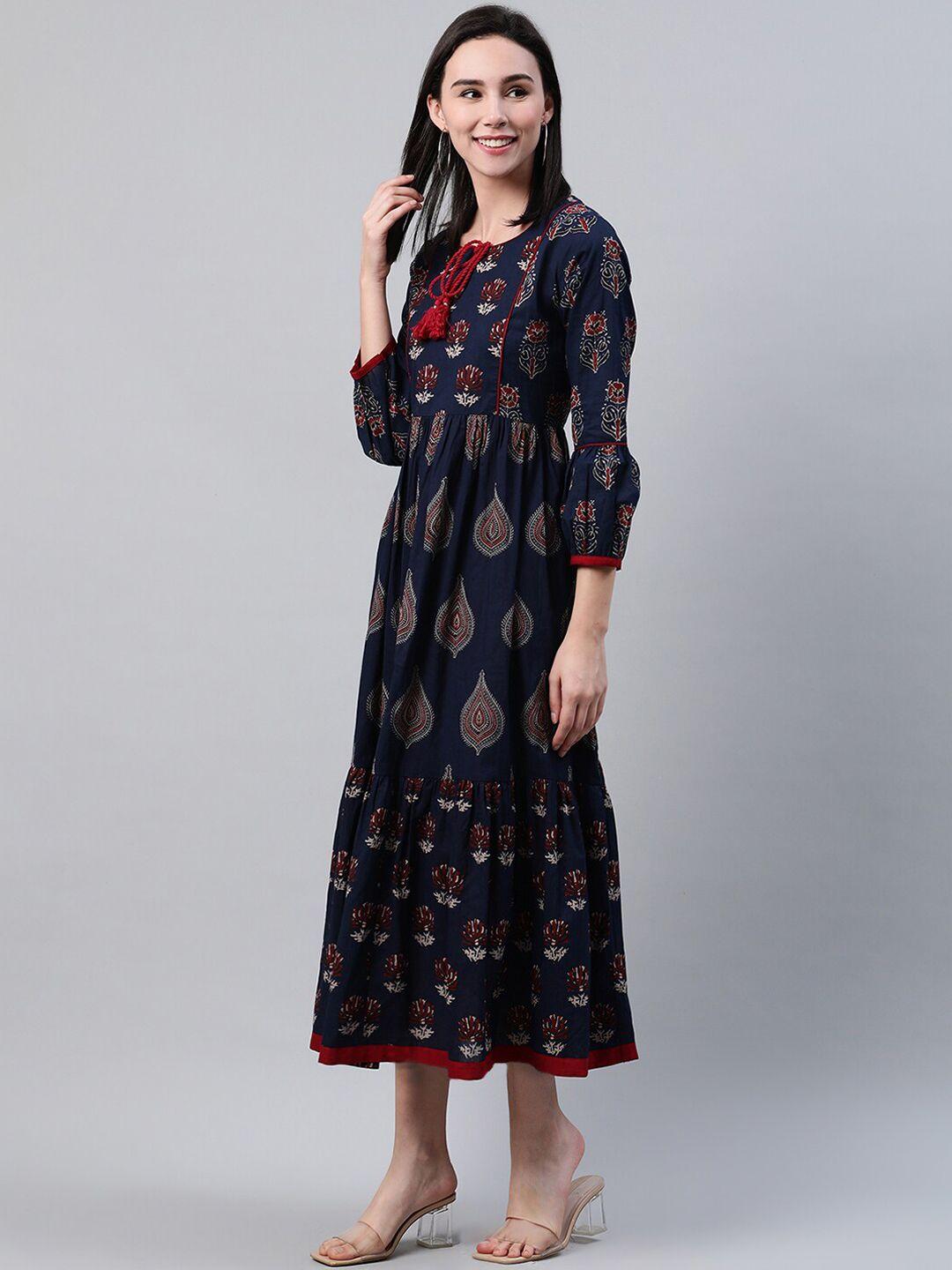 libas women navy blue printed fit and flare dress