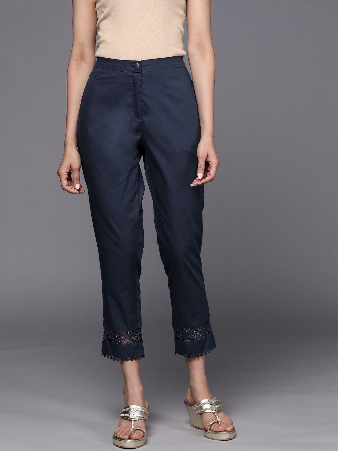 libas women navy blue pure cotton trousers with lace details at hem