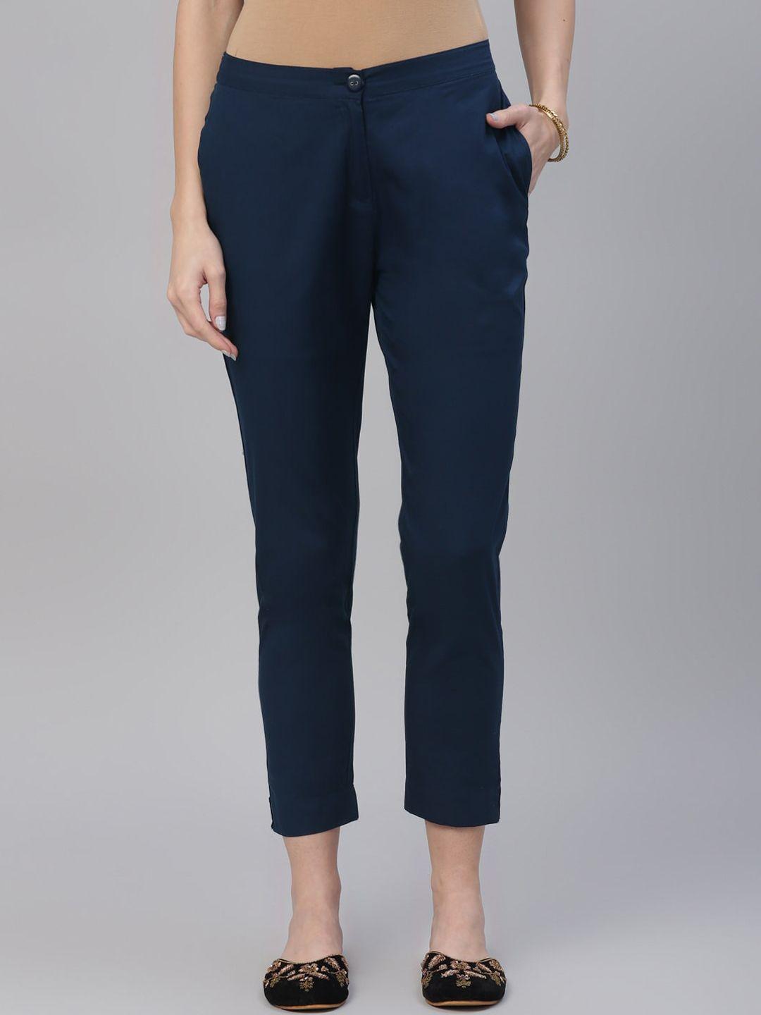 libas women navy blue regular fit solid cigarette trousers