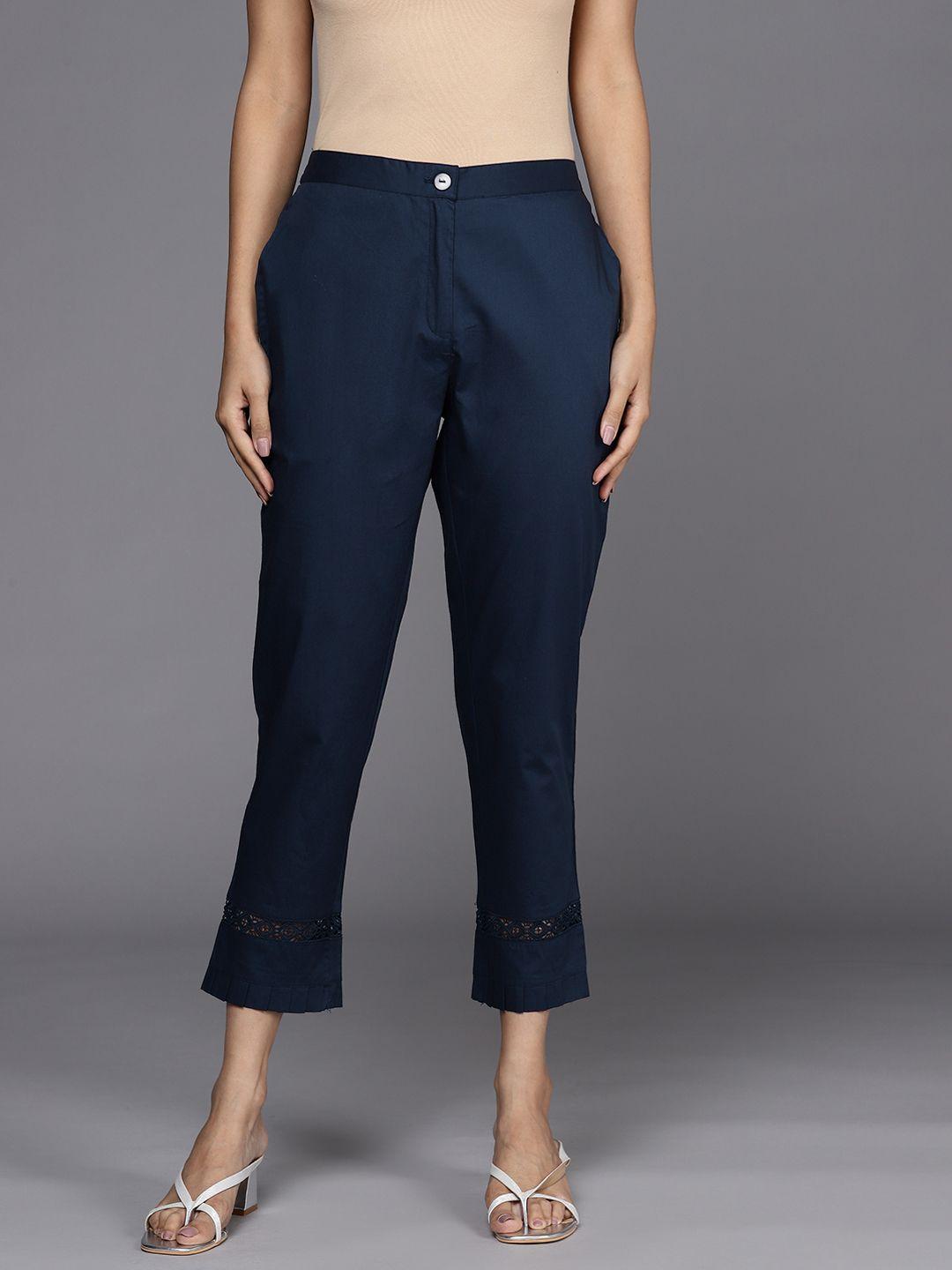 libas women navy blue straight fit pure cotton trousers