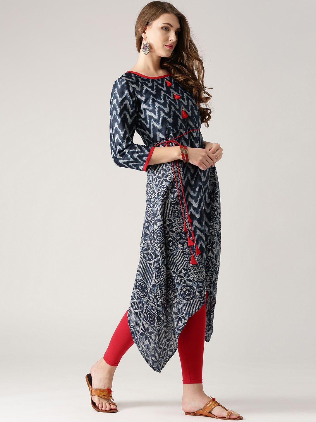 libas women navy printed asymmetric a-line kurta