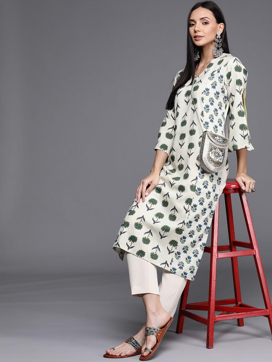 libas women off white & green floral printed flared sleeves floral kurta