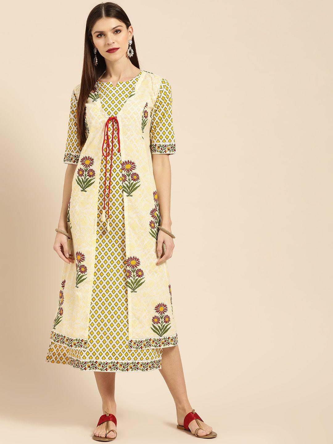 libas women off-white & yellow block print a-line dress with ethnic jacket
