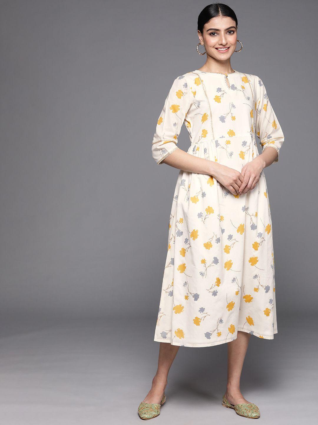 libas women off white & yellow floral printed a-line midi dress with gota lace detail