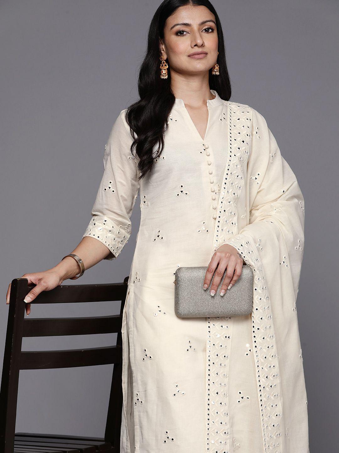 libas women off white embroidered regular mirror work pure cotton kurta with trousers & with dupatta