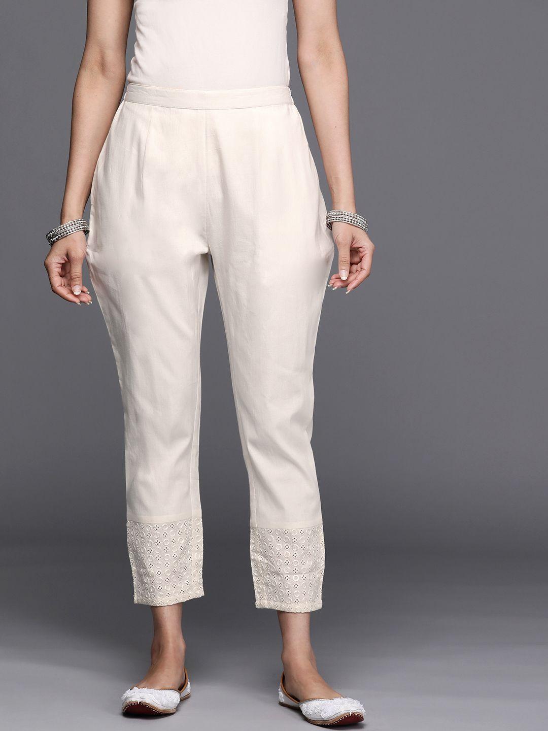 libas women off white ethnic motifs embroidered pure cotton trousers