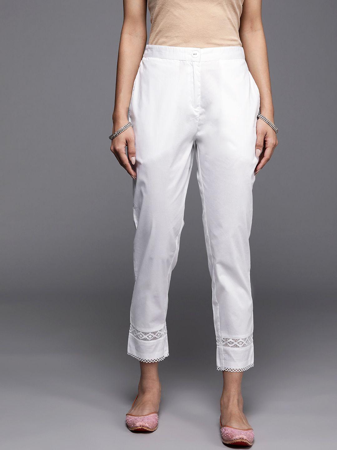 libas women off white solid pure cotton trousers