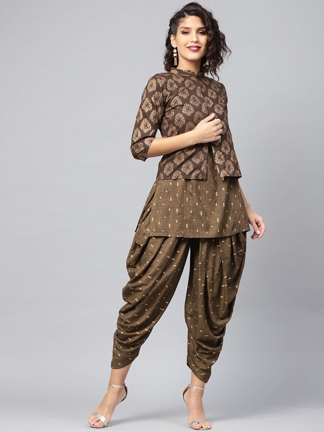 libas women olive brown & golden printed kurti with dhoti pants & ethnic jacket