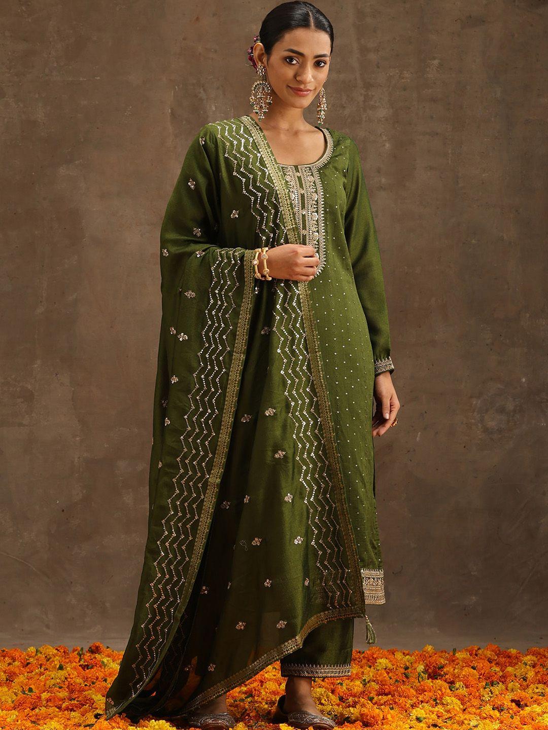 libas women olive green floral embroidered regular kurta with trousers & with dupatta