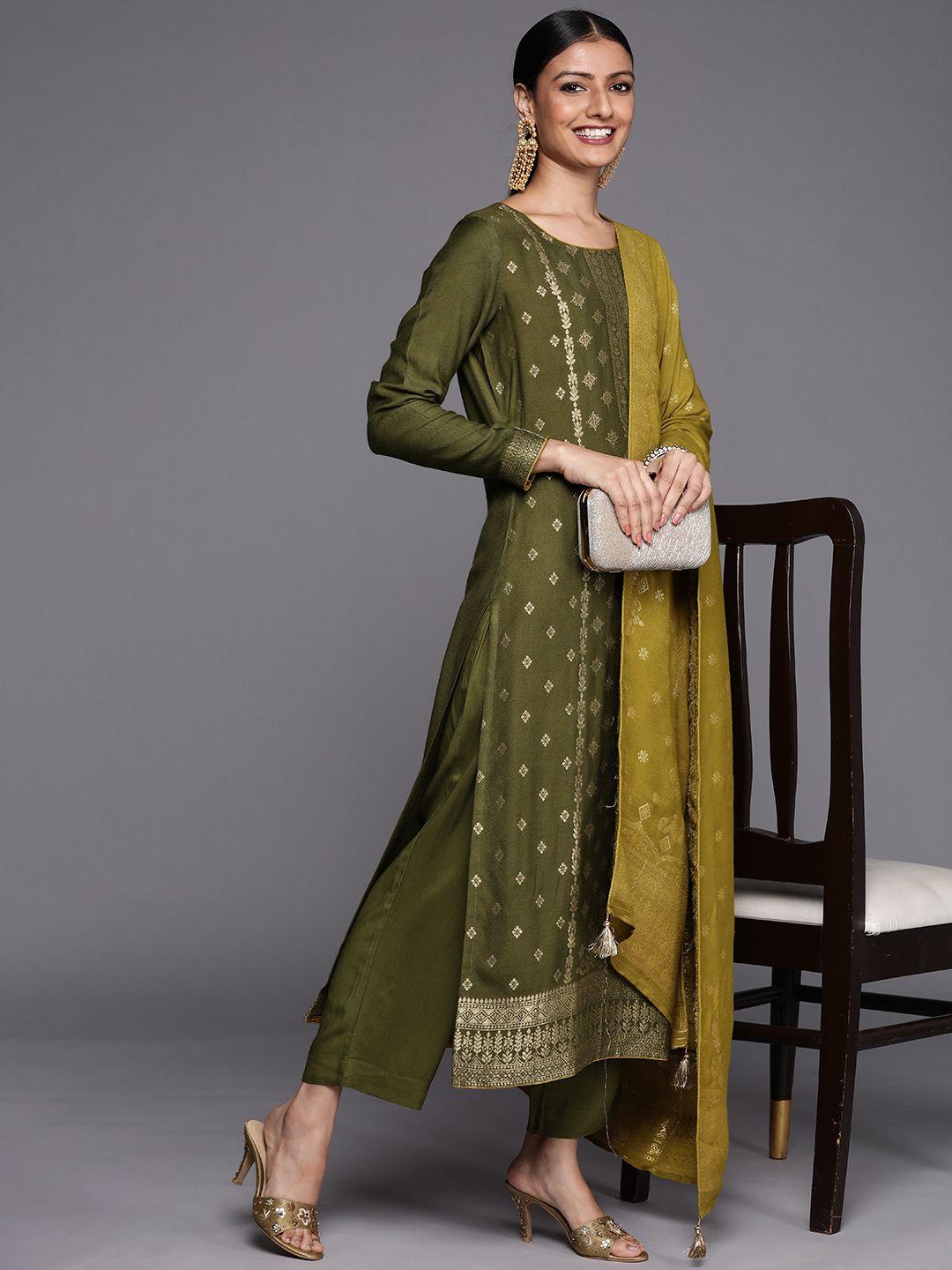 libas women olive green floral motifs pashmina wool kurta with trousers & dupatta