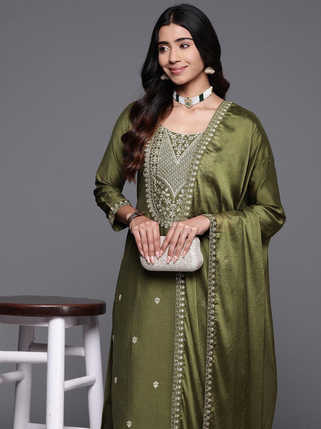 libas women olive green floral yoke design regular kurta with trousers & with dupatta