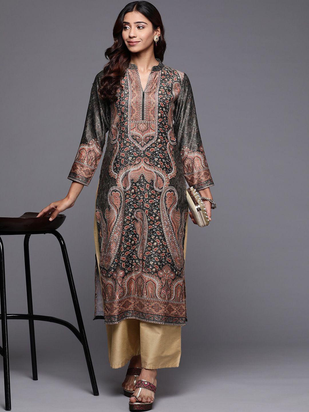 libas women olive green paisley printed velvet kurta