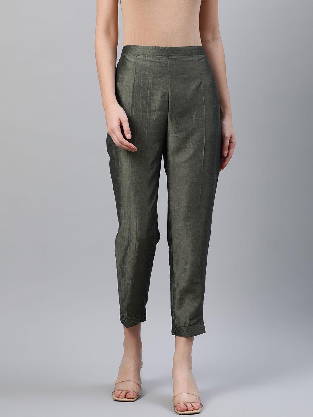 libas women olive green solid silk peg trousers