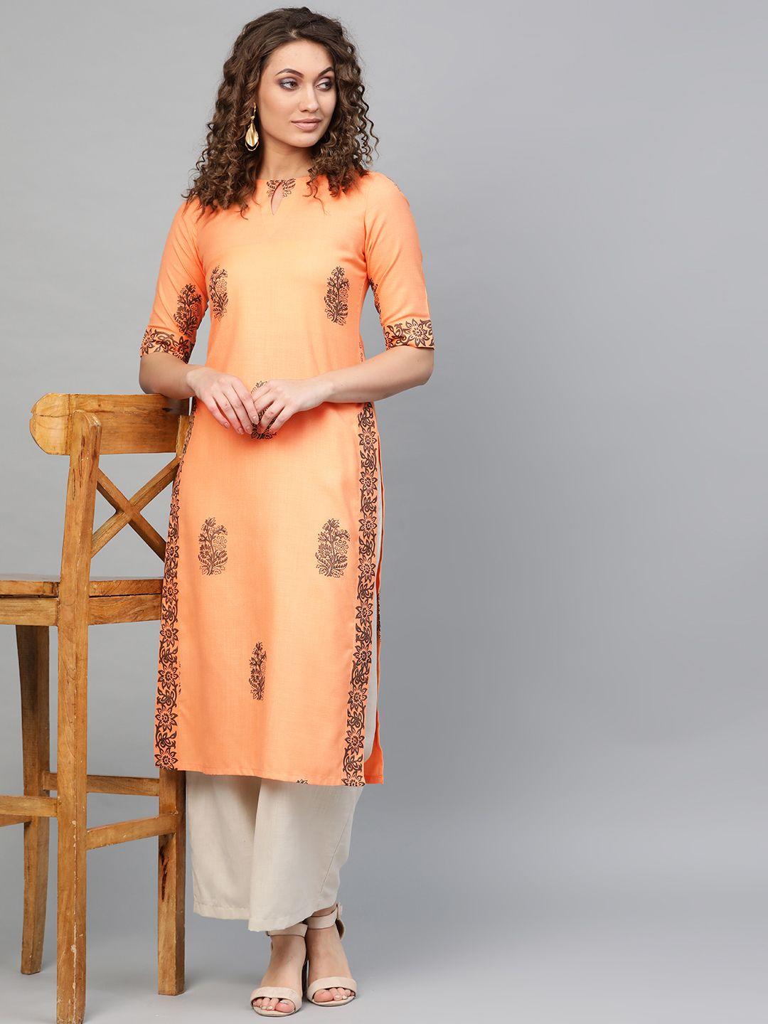 libas women orange & black block printed straight kurta