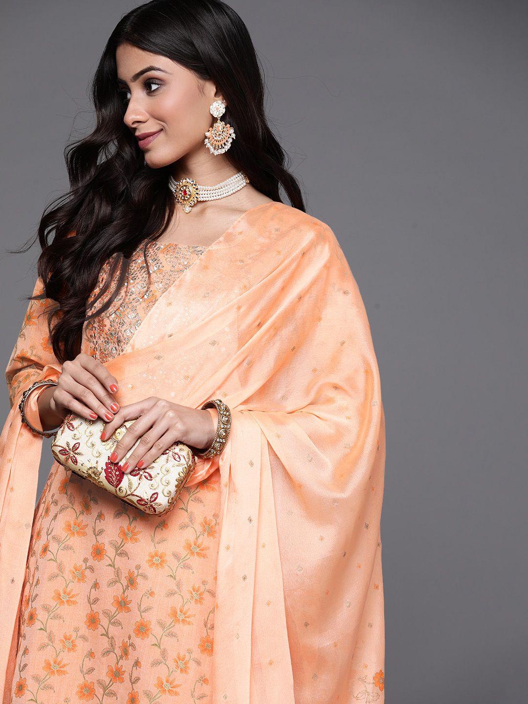 libas women orange & gold floral zari embroidered straight kurta with trousers & dupatta
