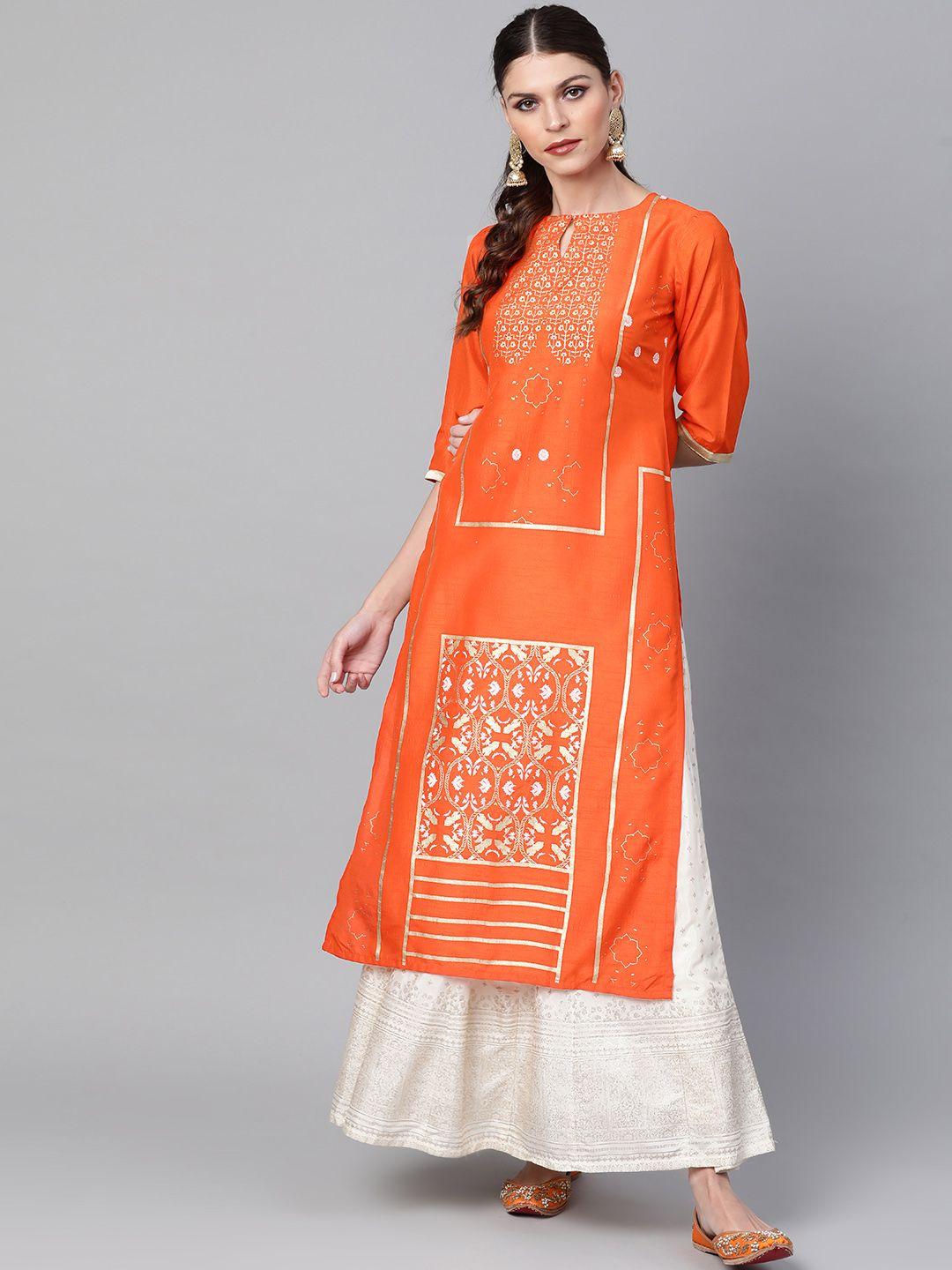 libas women orange & golden block printed straight kurta