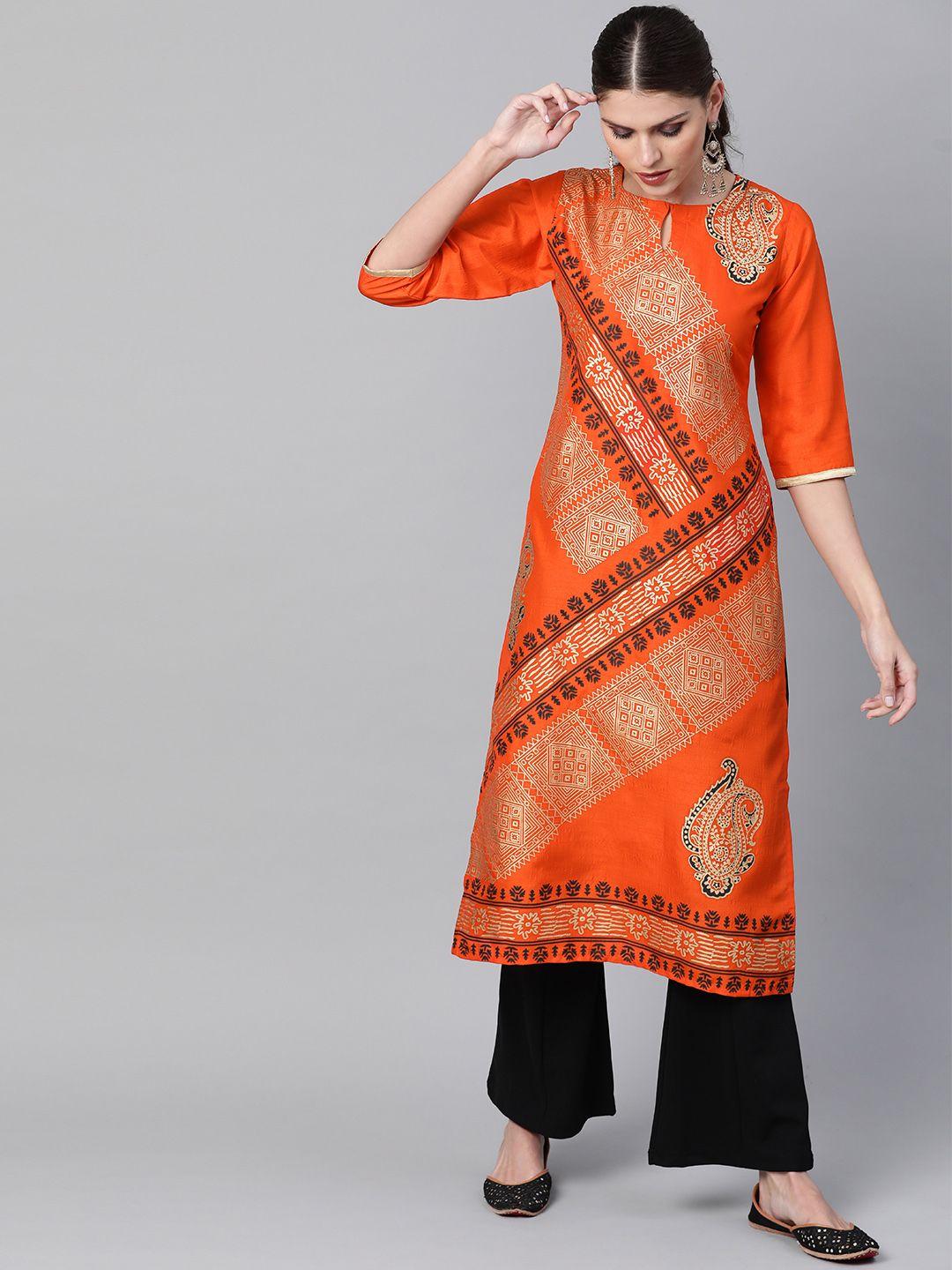 libas women orange & golden printed straight kurta