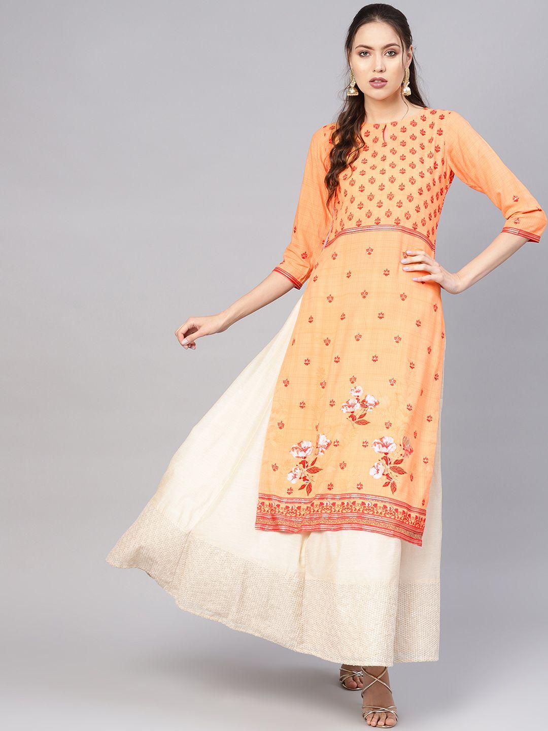 libas women orange & red printed straight kurta