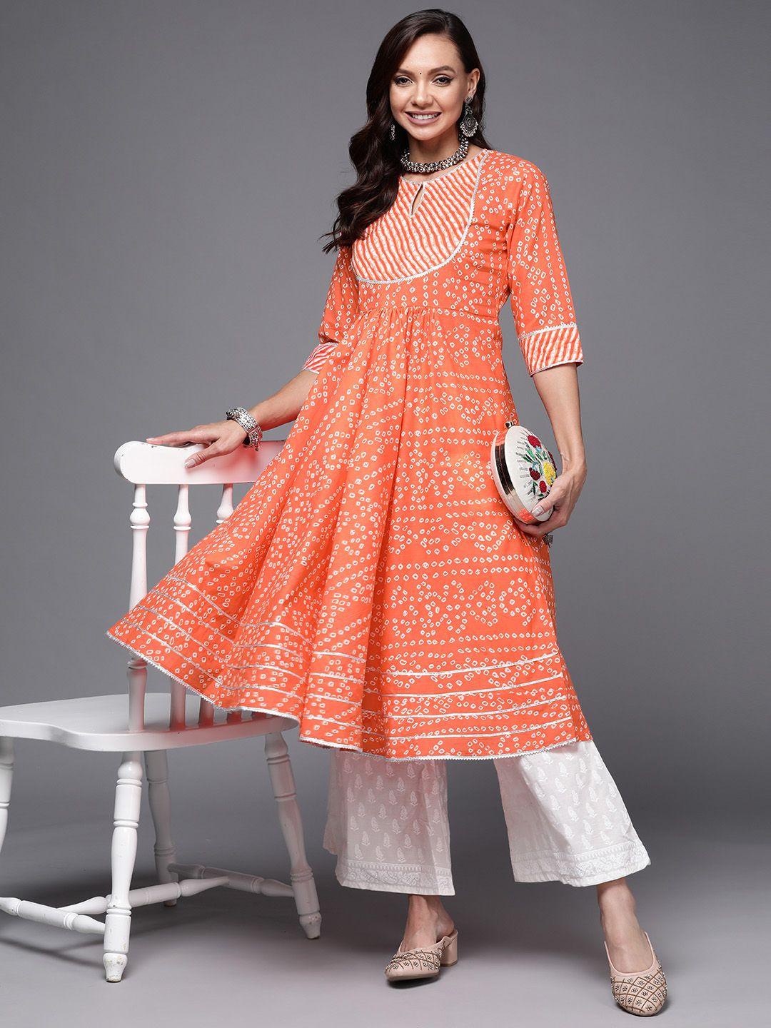 libas women orange & white bandhani printed keyhole neck gotta patti kurta