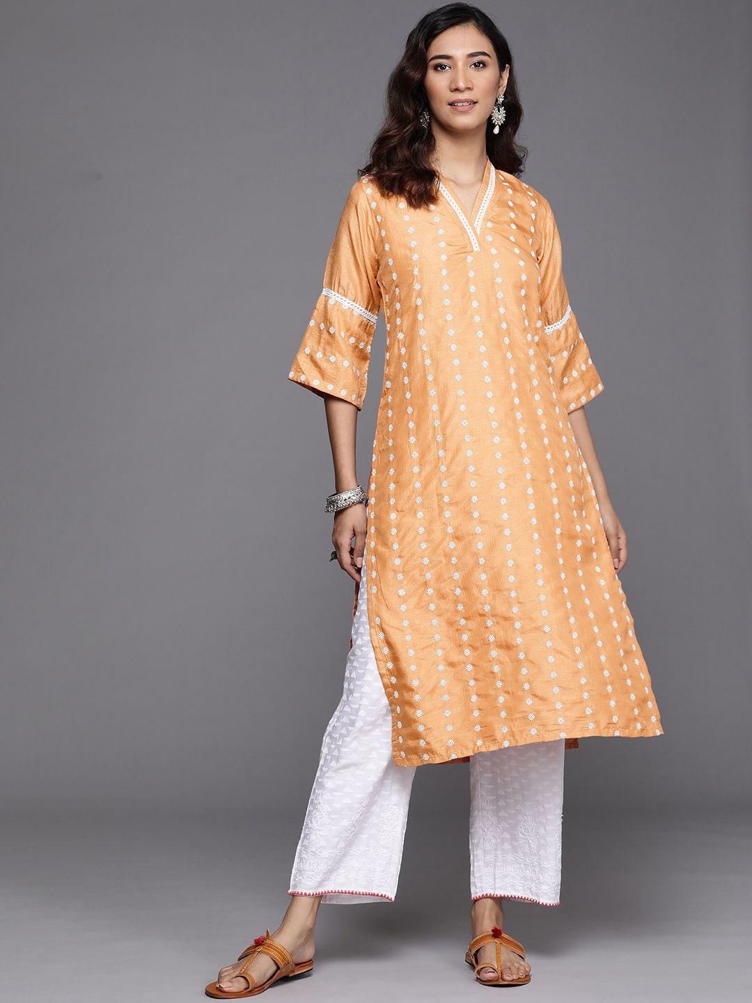 libas women orange & white embroidered flared sleeves silk straight kurta