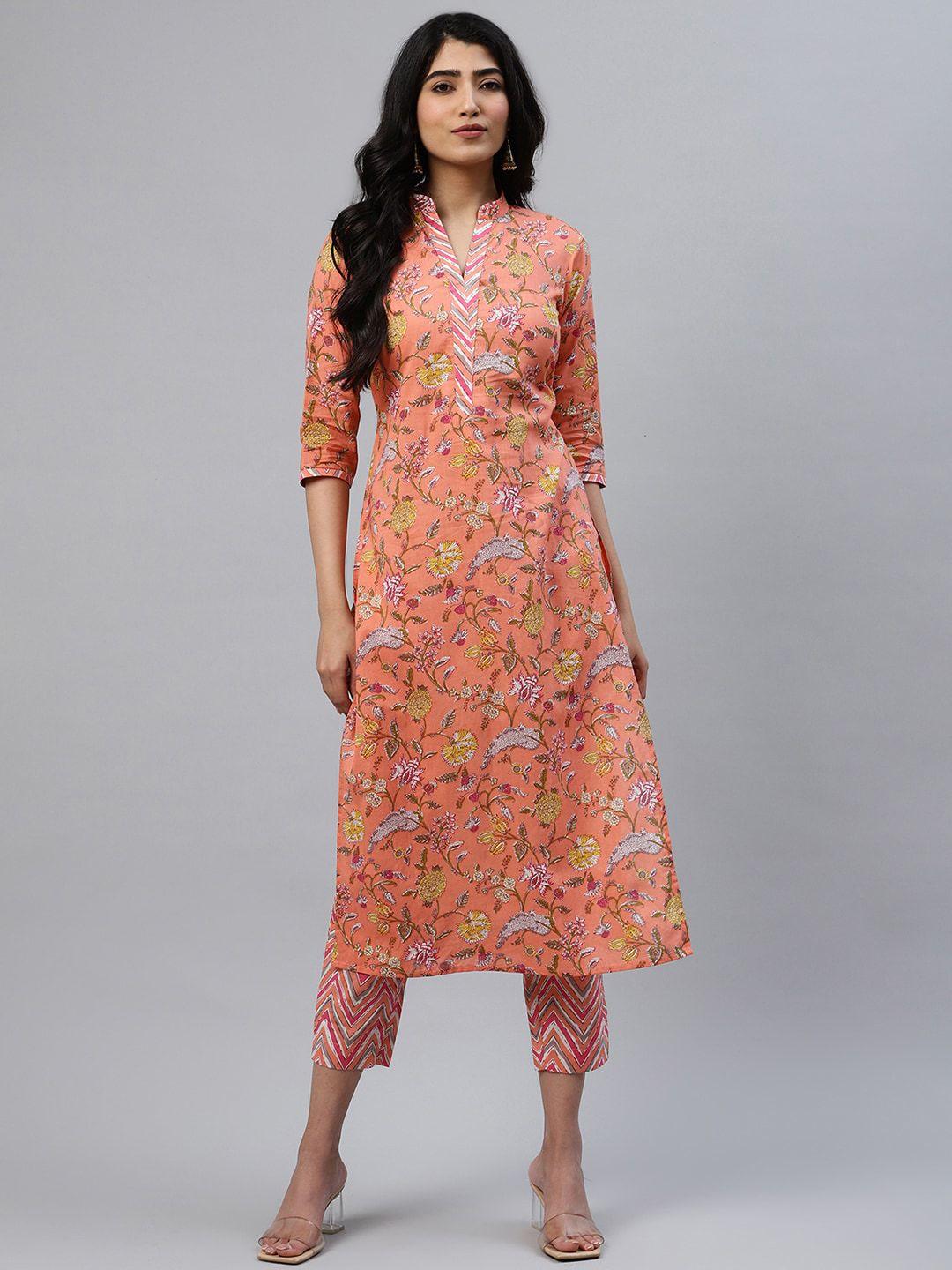 libas women orange & yellow printed kurta with trousers