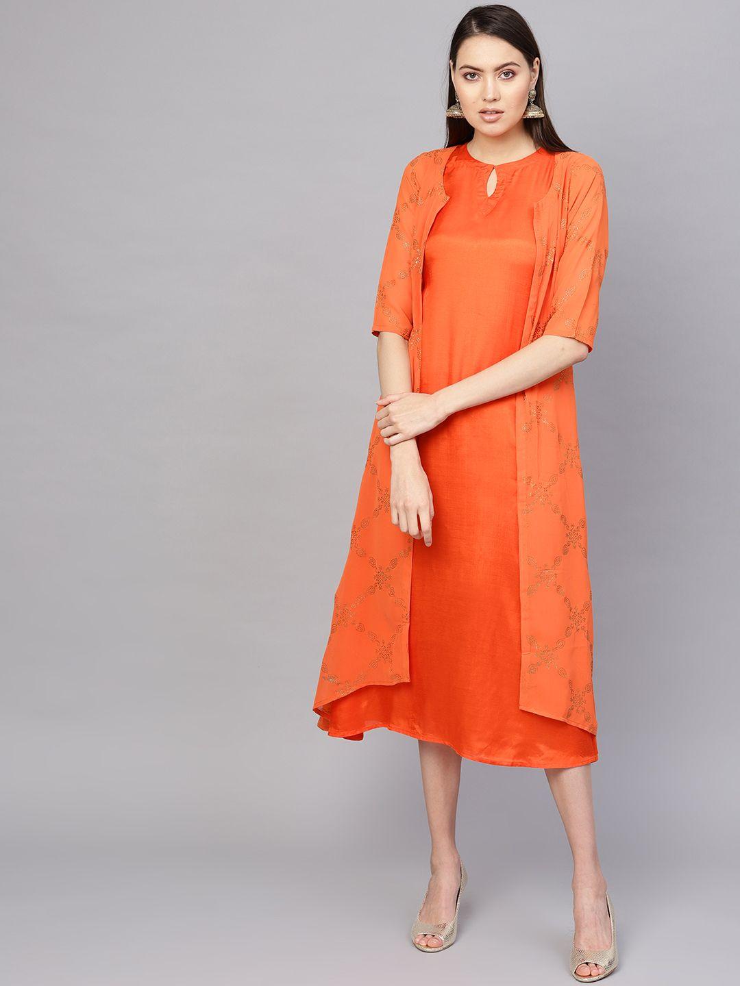 libas women orange block print a-line dress