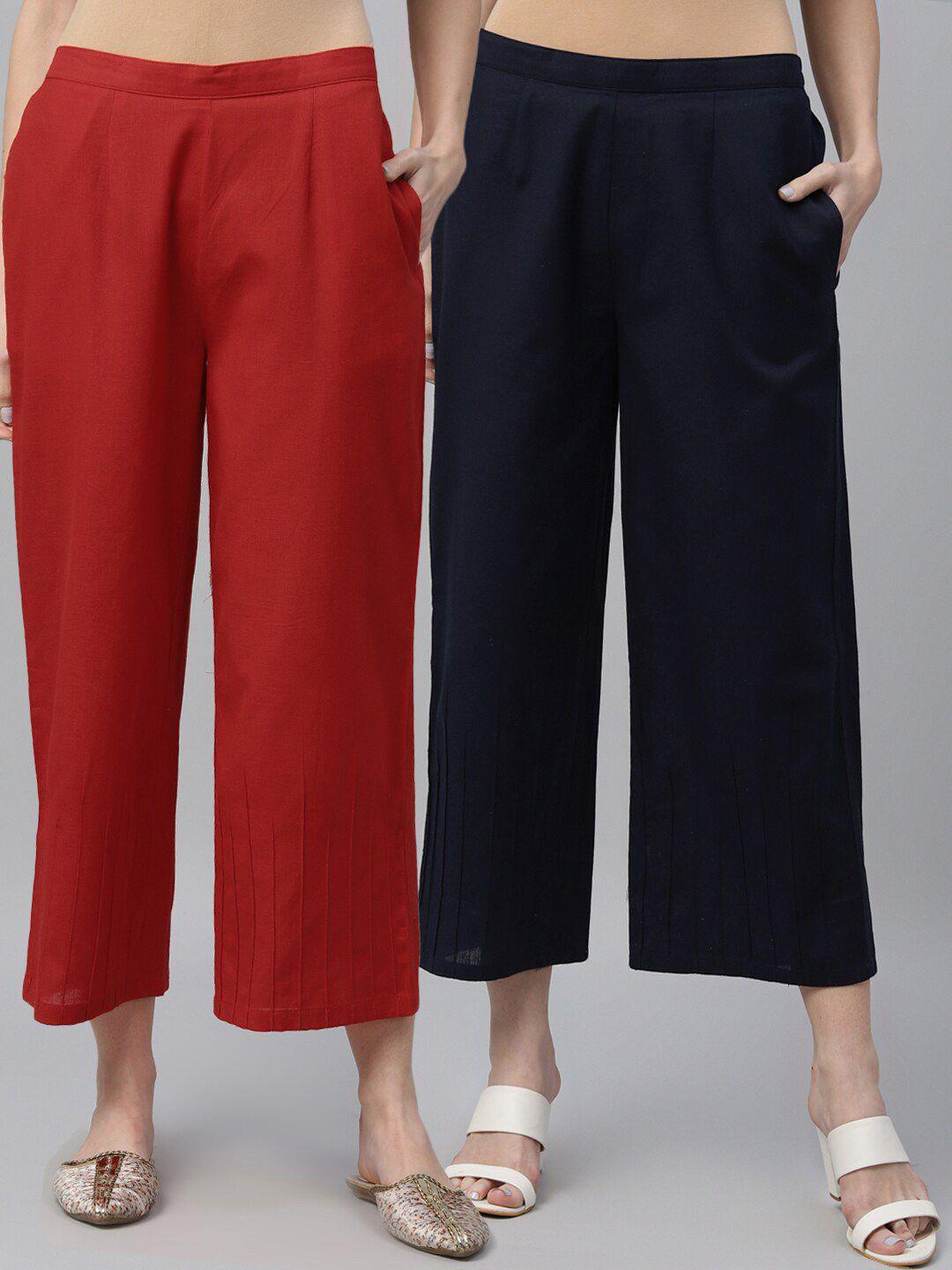libas women pack of 2 navy blue & red cotton ethnic palazzos