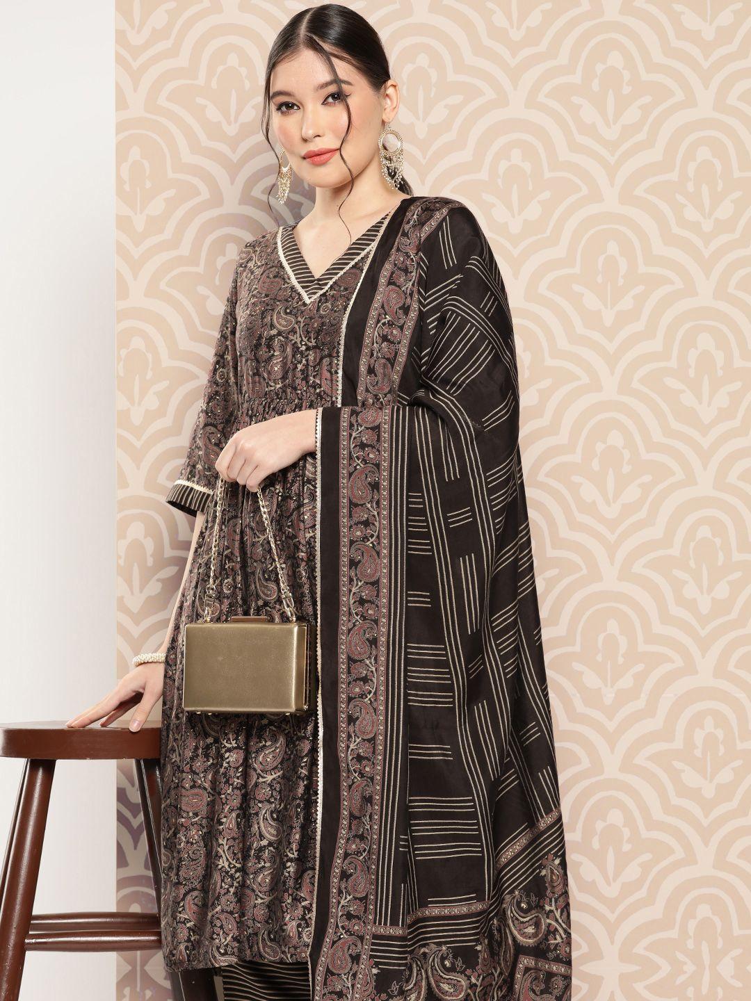 libas women paisley printed high slit gotta patti kurta with trousers & with dupatta