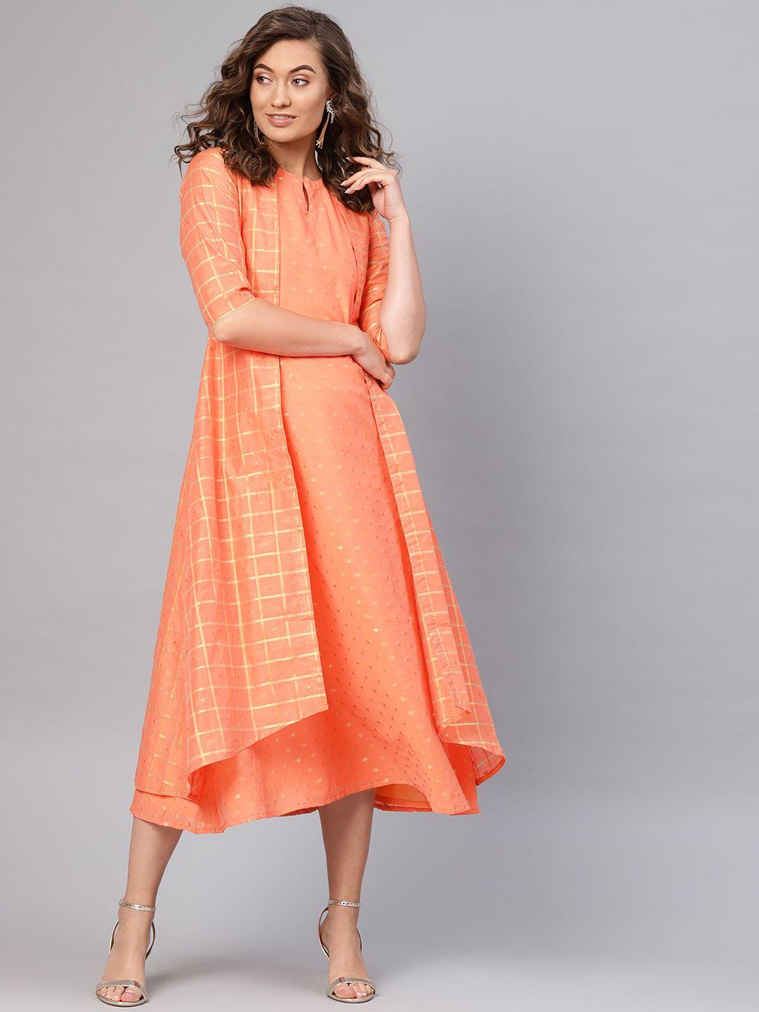 libas women peach-coloured & golden self-design layered a-line dress