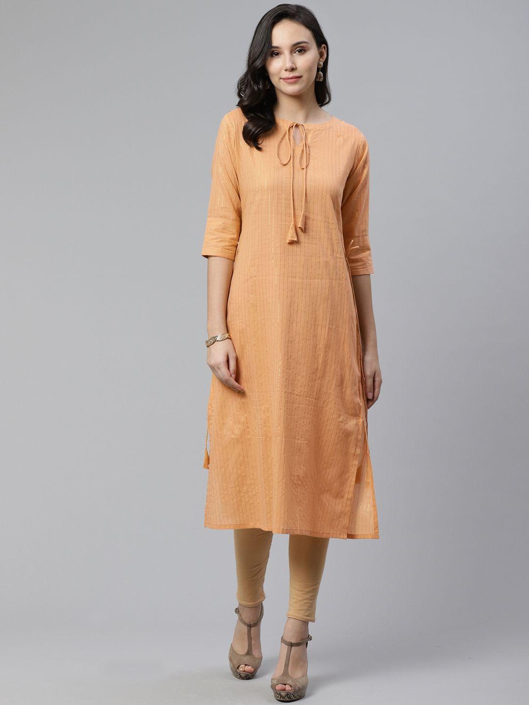 libas women peach-coloured & golden self striped straight kurta