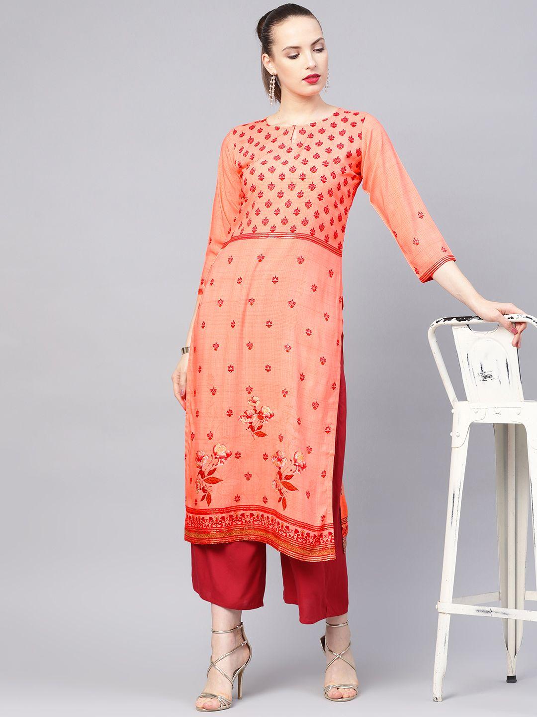 libas women peach-coloured & maroon printed straight kurta