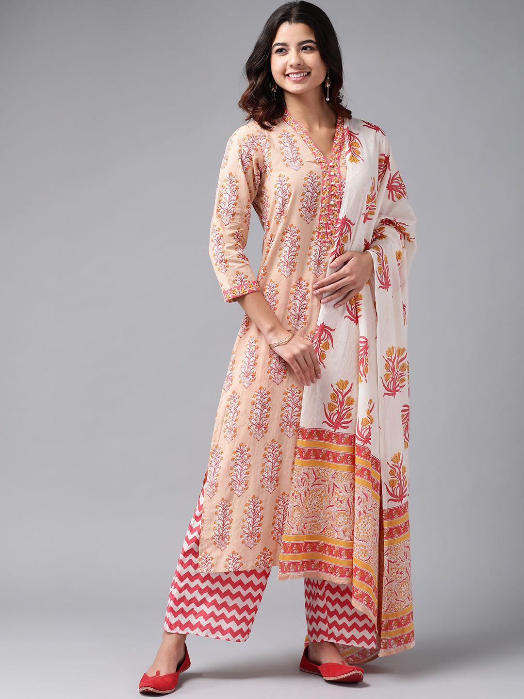 libas women peach-coloured & pink printed pure cotton kurta with palazzos & dupatta