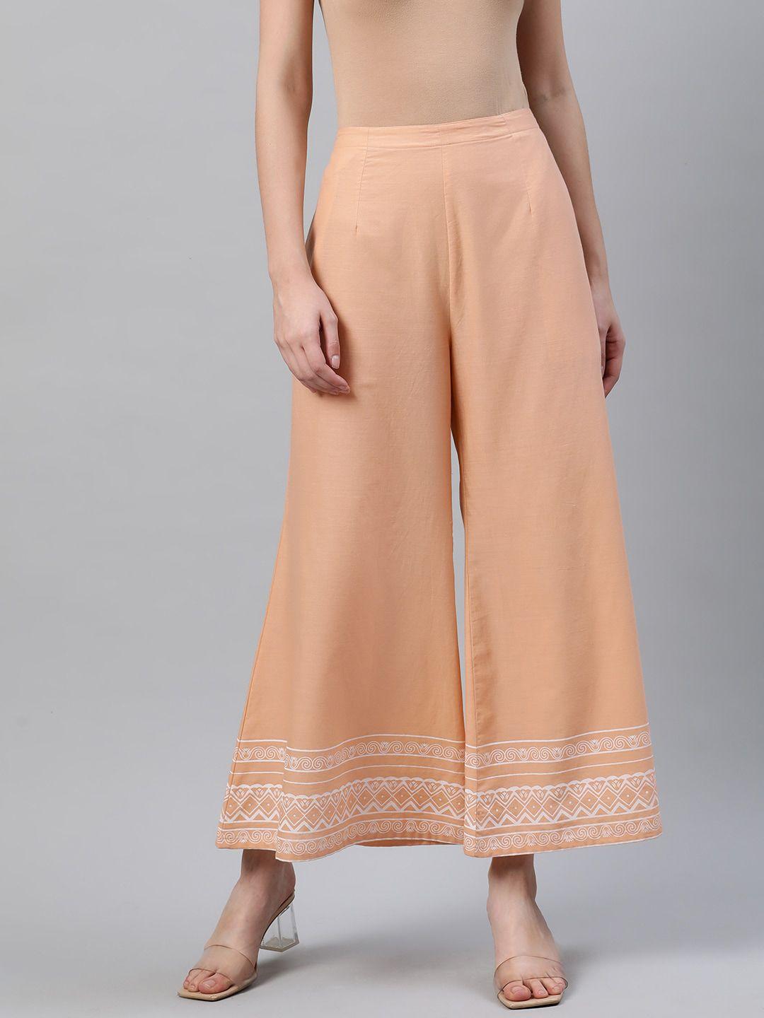 libas women peach-coloured & white hem design wide leg palazzos