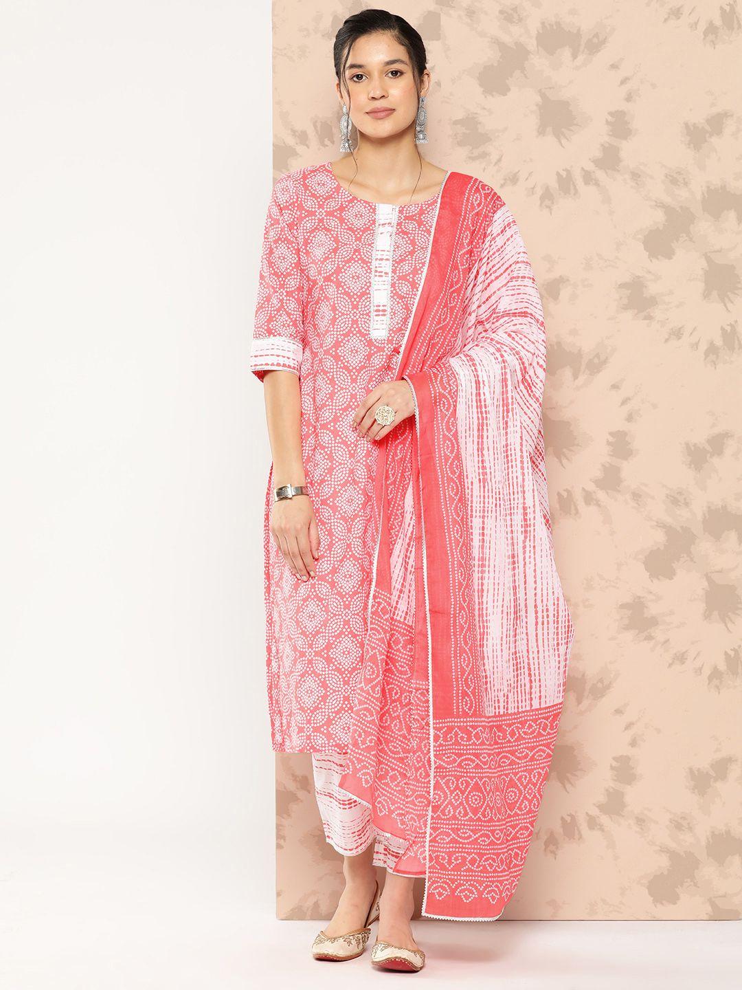 libas women peach-coloured bandhani printed gotta patti pure cotton kurta with trousers & with dupatta