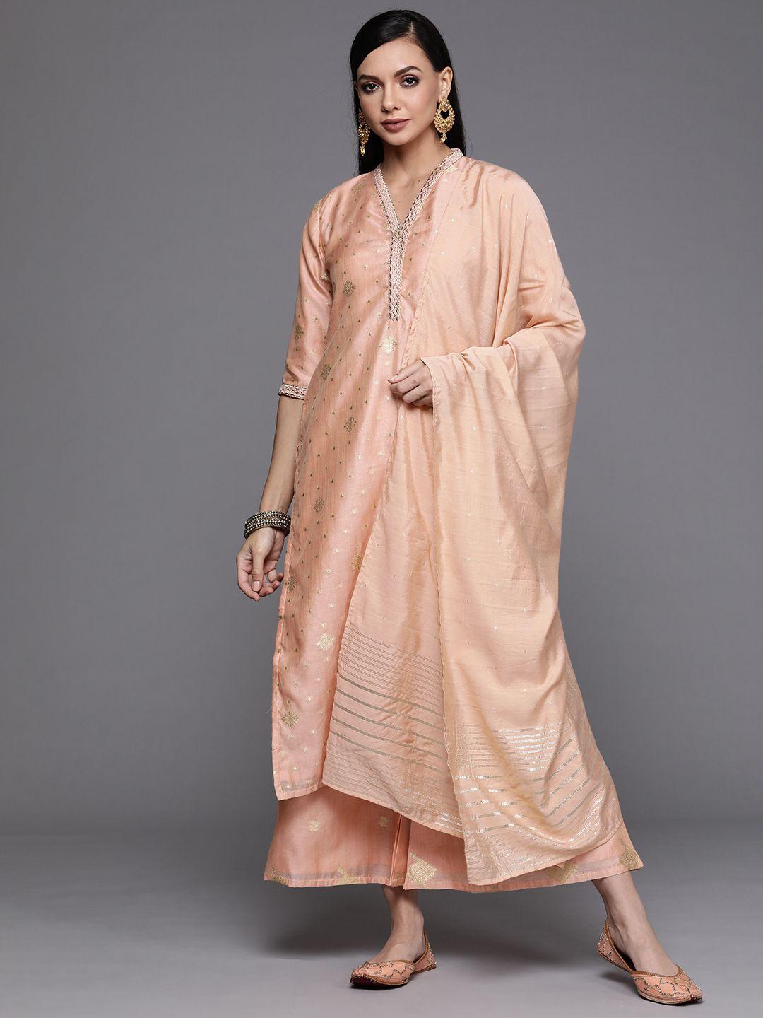 libas women peach-coloured embroidered chanderi silk kurta with palazzos & dupatta