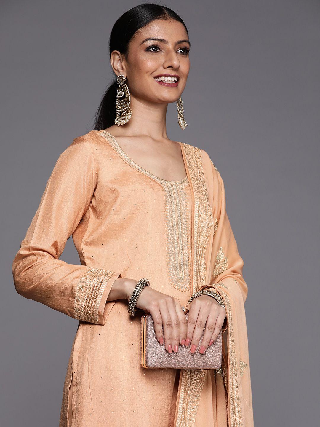 libas women peach-coloured ethnic motifs yoke design sequinned kurta with trousers & with dupatta