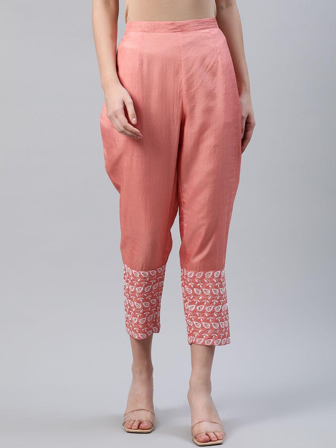 libas women peach-coloured floral embroidered trousers