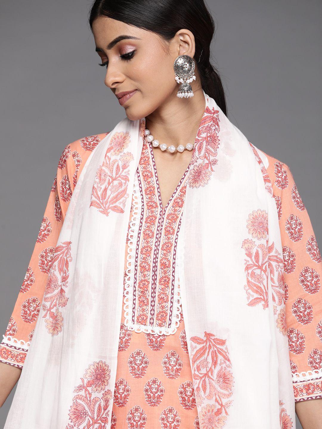 libas women peach-coloured floral printed pure cotton kurta with palazzos & with dupatta